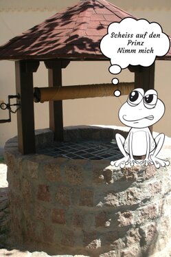 Wütender Frosch sitzt auf Brunnen