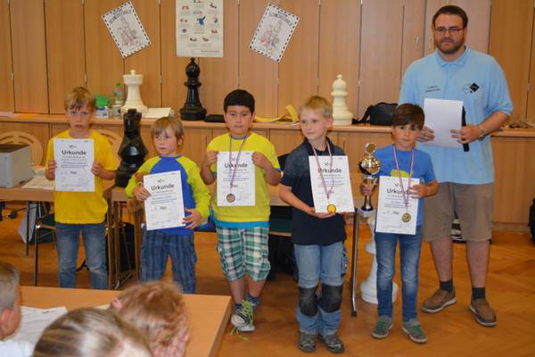 Wertungsklasse IV / Kita+1. Klasse, v.l.n.r.: v.l.n.r.: 5. Labenz,Ferdinand (BIP-Grundschule Neubrandenburg), 4. Peilert,Maximilian (Fritz-Reuter-GS Khlungsborn), 3. Engel,Matti (Grundschule Lichtenhagen), 2. Asmussen,Johann (Freie Schule Glowe), 1. Wellow,Lio Keanu (Freie Schule Glowe)